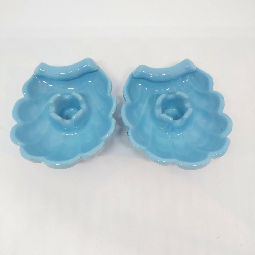 Abingdon Aqua Shell Scroll Glazed Pottery Candleholders